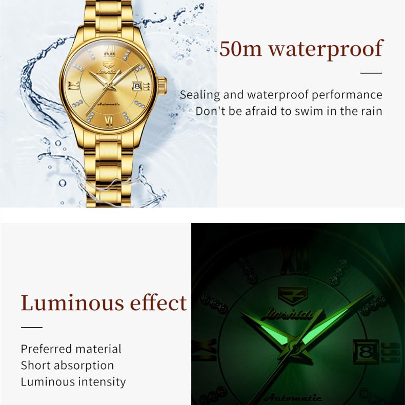 JINSHIDUN Новые женские часы для бизнеса и отдыха, элегантные, легкие, роскошные, повседневные, водонепроницаемые, с одним календарем, механические часы, элитные часы