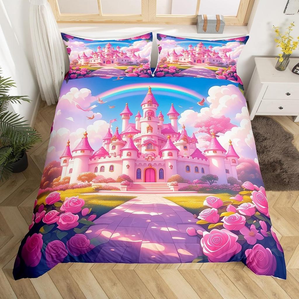 Princess Castle Bedding Set Cartoon Duvet Cover Pillowcase Girl Pink Quilt Cover for Children Gift Single Double Large Size