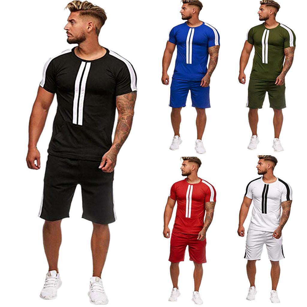 Mens Summer Leisure Stripe Color Collision Short Sleeve Shorts Sports Thin Sets