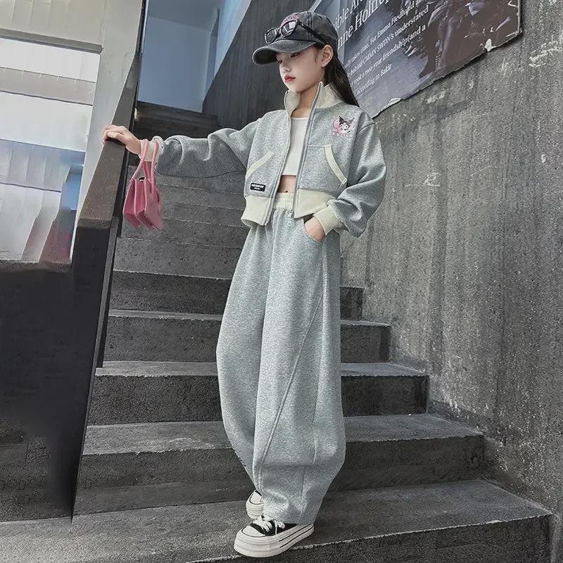 Korean Style Girls' Cartoon Sports Suit - Spring/Autumn Two-Piece Set with Cardigan Jacket & Trousers for Kids