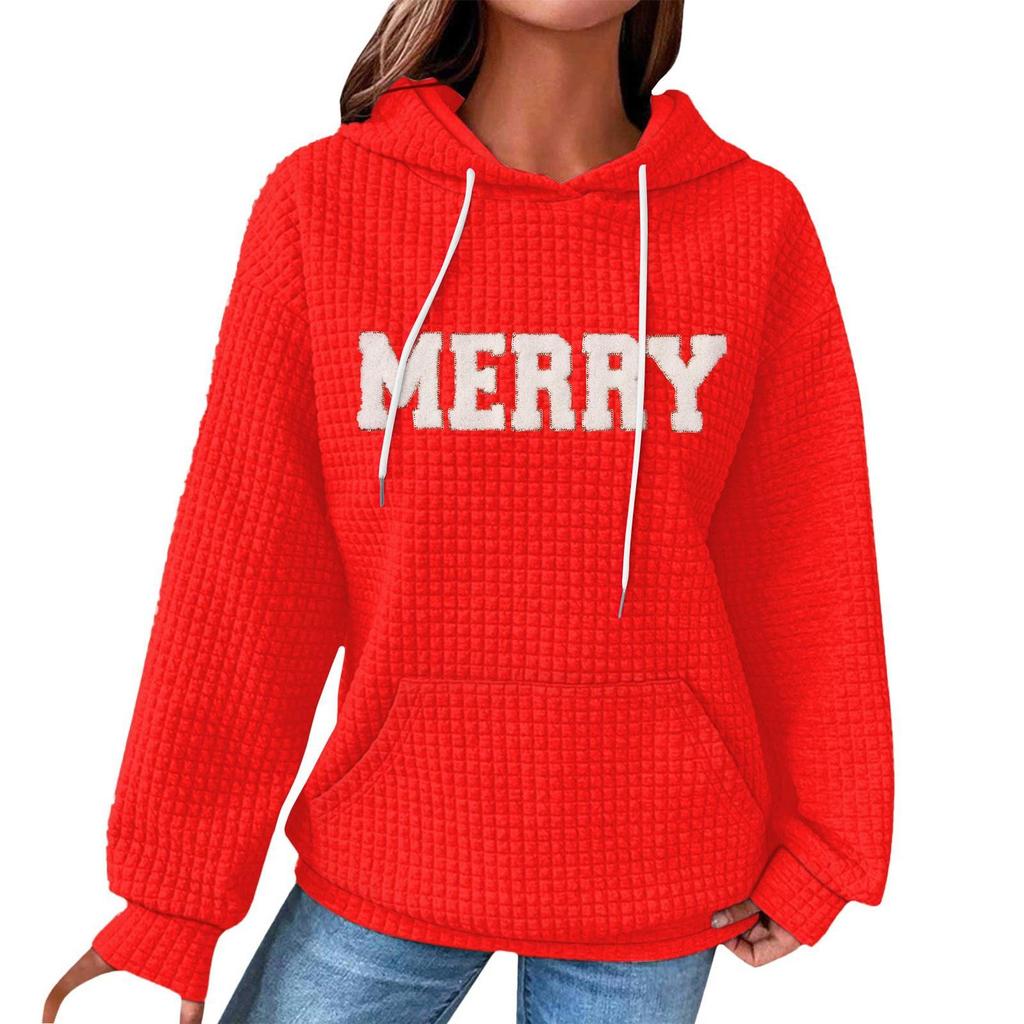 Women's Fashion Loose Hooded Pullover Long Sleeve Plaid Sweatshirt With Drawstring, Drop Shoulder, Pocket, Christmas Print Top