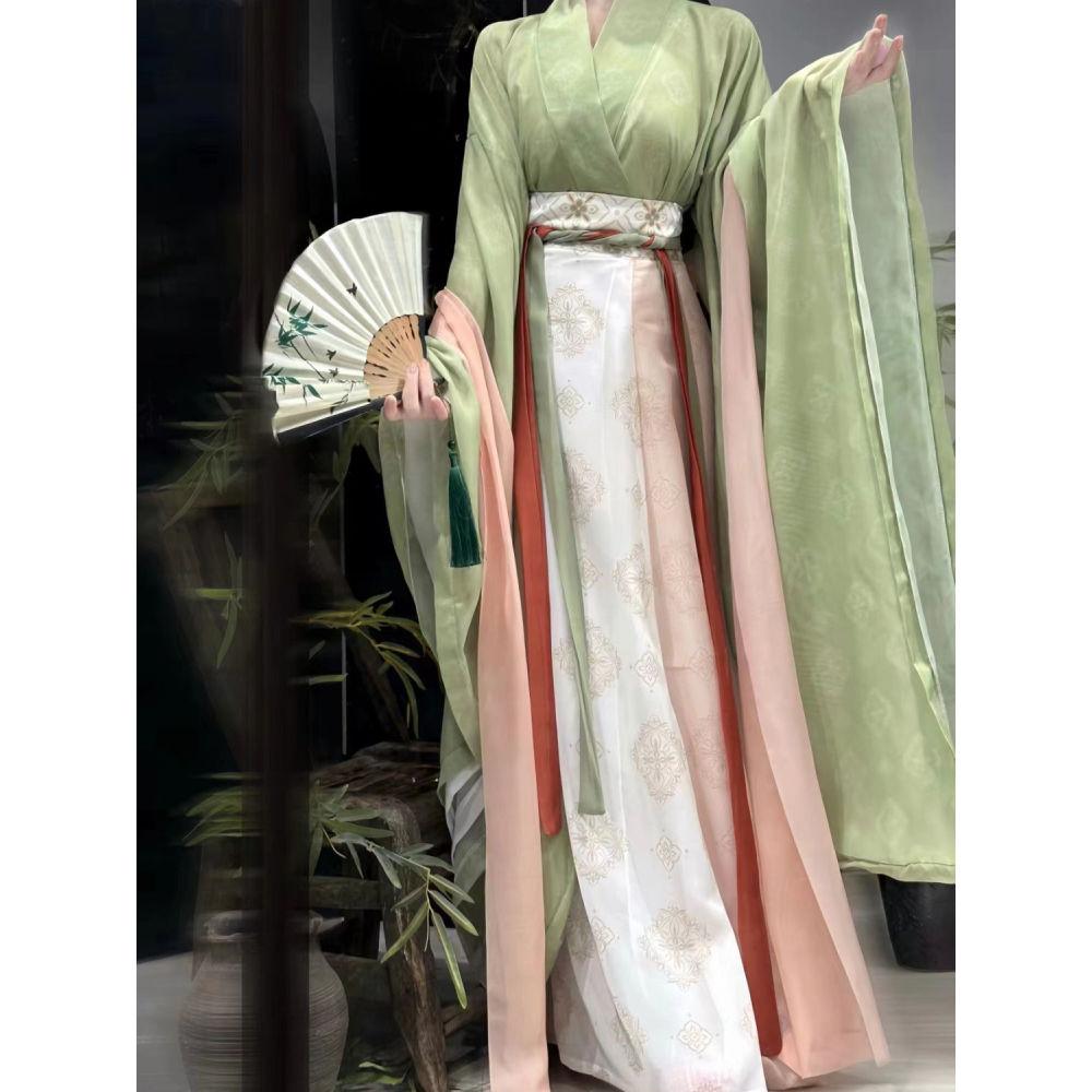 Женский повседневный костюм в стиле ханьфу с широкими рукавами и цельной юбкой в стиле китайской династии Вэй и Цзинь