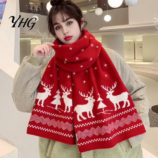 Fashionable Winter Holiday Gift Knitted Scarf for Women, Reversible Fair Isle Snowflake Reindeer Daily Commuting Warm Scarf, Soft Long Wrap Christmas