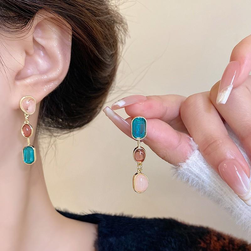 Three Color Square Rhinestones Drop Earrings for Women Korean Sweet Acrylic Beads Dangle Earrings Party Trendy Jewelry