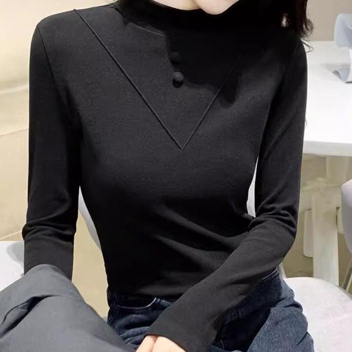 1x1 Ribbed Double-Sided Velour Women's Half High Neck Long Sleeve Slim-Fit Brushed Warm Top