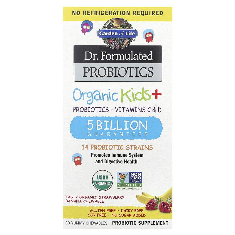 Dr. Formulated Probiotics, Organic Kids + Chewables, Tasty Organic Strawberry Banana, 30 Yummy Chewables
