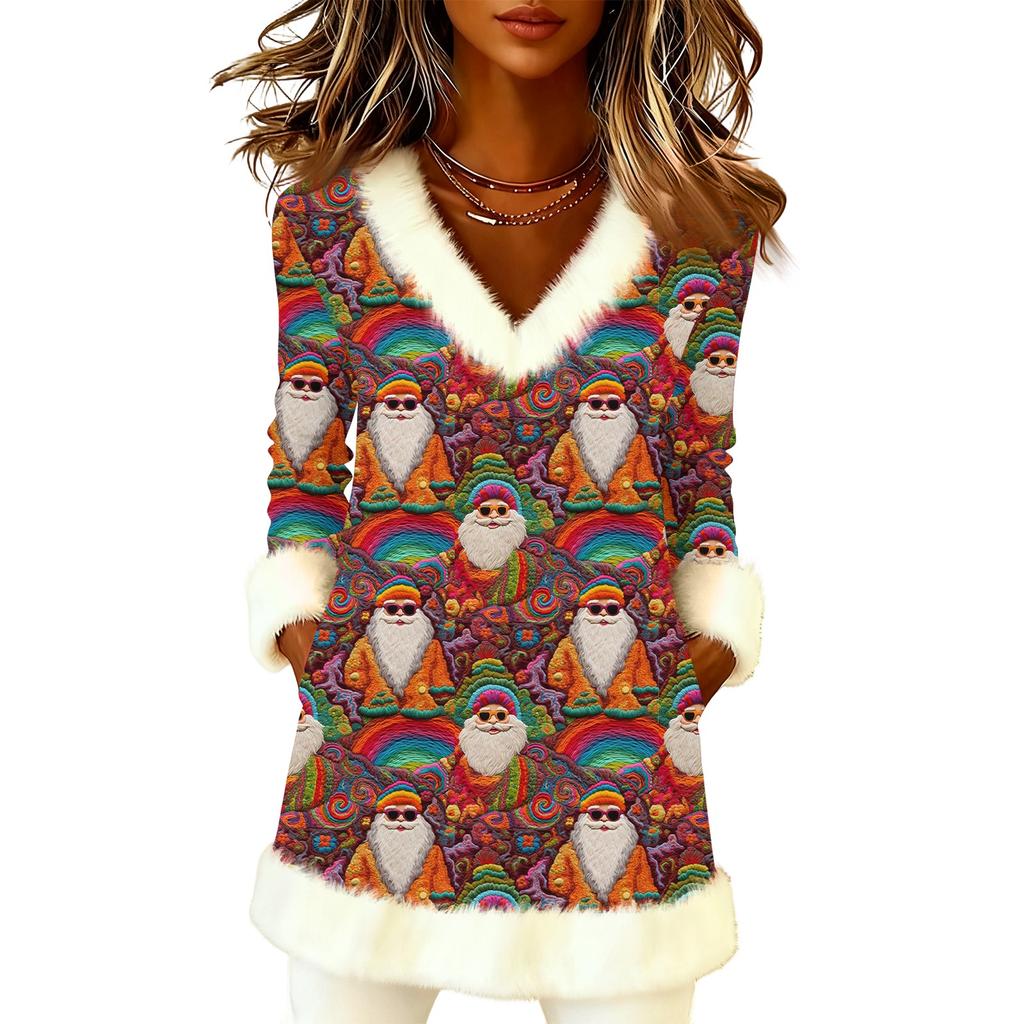 Женский рождественский модный плюшевый пуловер с V-образным вырезом и принтом, с длинными рукавами