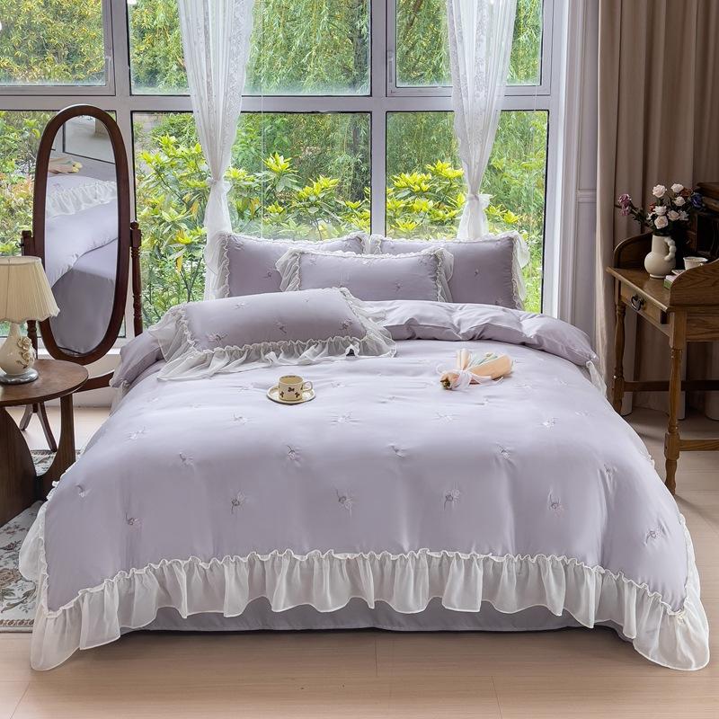Постельное белье из тенселя Четыре предмета Легкая роскошь Французский принцессный стиль Ледяной шелк Комфортный Шелковистый Простыня Пододеяльник Наволочка