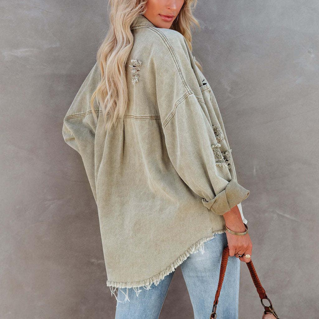 Женская модная повседневная однотонная джинсовая куртка с длинным рукавом