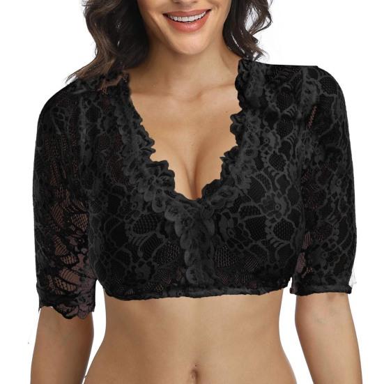 Кружевные рубашки-топы с V-образным вырезом и половиной рукавов Slim Fit Однотонные короткие рубашки Укороченные топы снизу