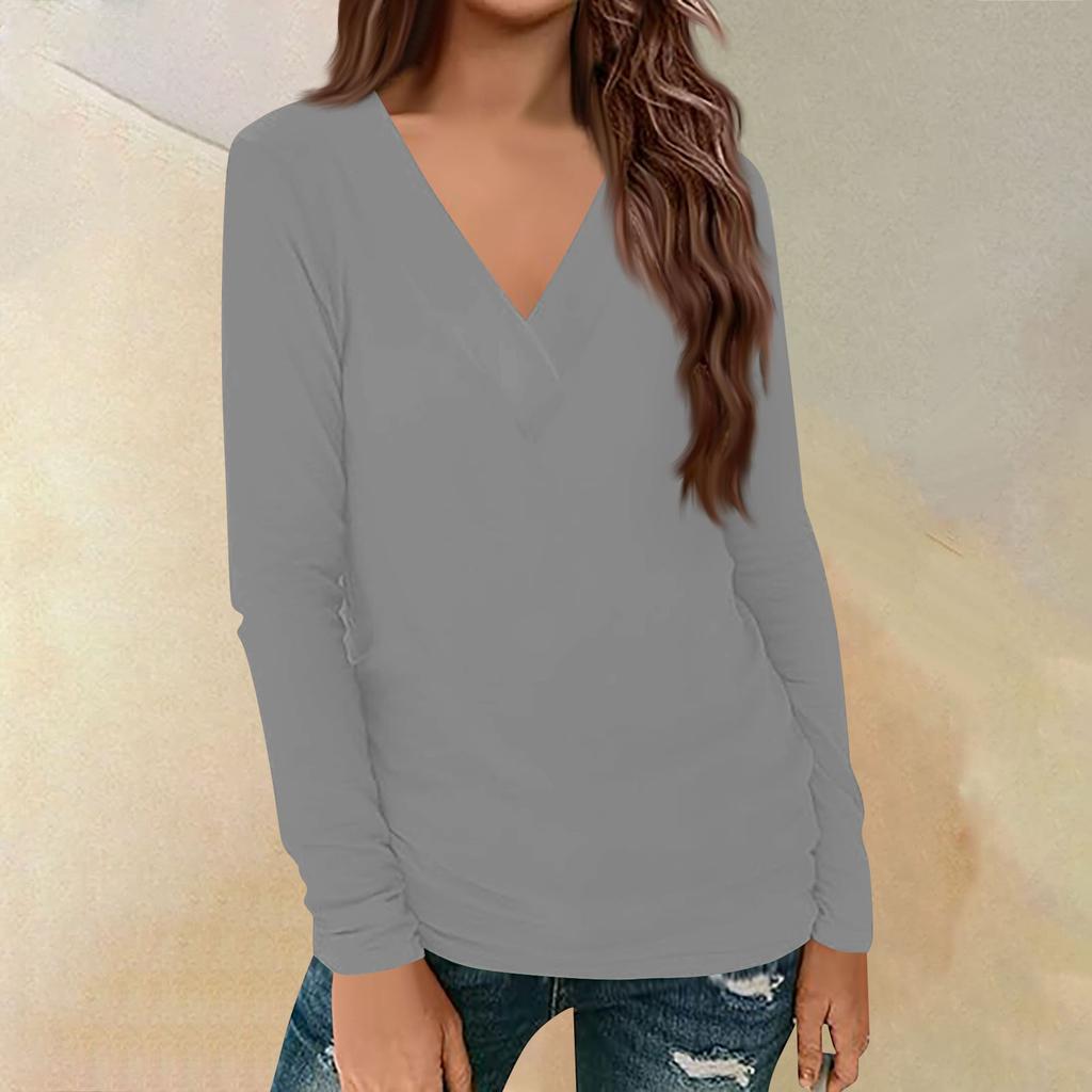 Женский повседневный однотонный принтованный длинный рукав свободный пуловер с V-образным вырезом