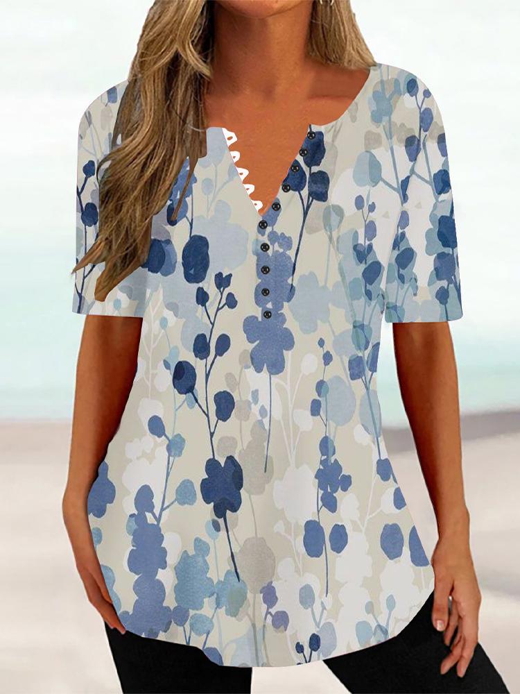 Женская летняя футболка с цветочным принтом и V-образным вырезом, с короткими рукавами, женский винтажный топ средней длины, свободный топ, женская одежда