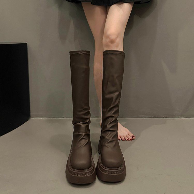 Fashion New In Fleece-Lined Round Toe Knee High Shaft Shoes Woman Fashion 2025 Hot Footwear Pu Cosplay Trend Gothic Long Boots for Women