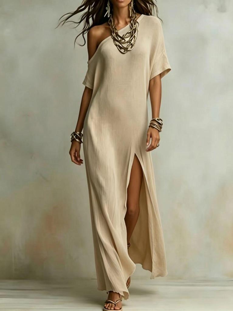 Модное женское макси-платье с разрезом на одно плечо, летнее 2026, европейский и американский праздничный стиль