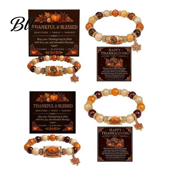 Thanksgiving Greeting Card Gift Bracelet for Women, Holiday Beaded with Festival Family Maple Leaf Charm, Elastic Stretch Fall Harvest Jewelry