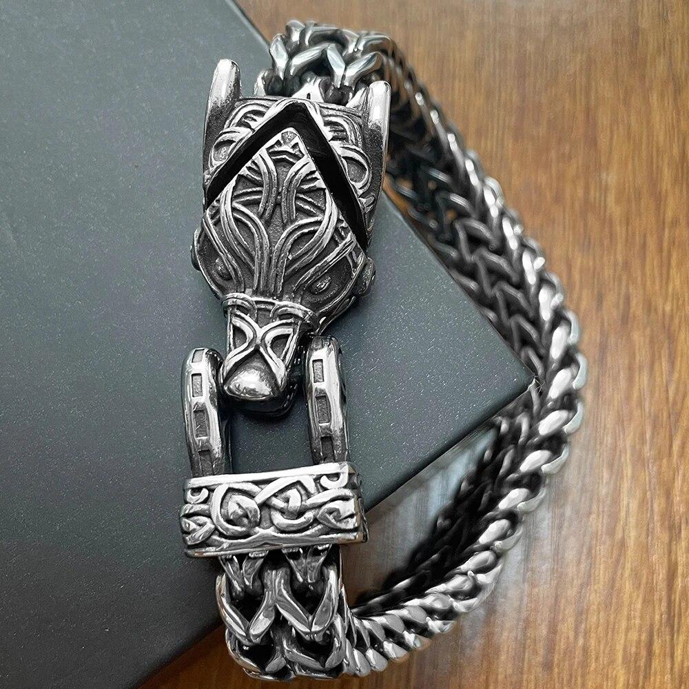 Nordic Viking Bracelet for Men Vintage Wolf Head Scandinavian Bracelet Men's 12MM Width S.Steel Square Franco Link Curb Chain