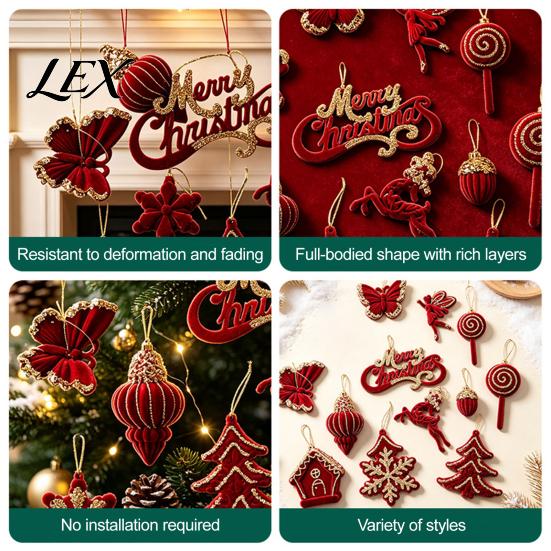 Indoor Christmas Tree Ornament Set Flocked Ornaments with Gold Edging, Retro Red Velvet Hanging Lightweight Decoration, Elk Gingerbread Man Pendants,
