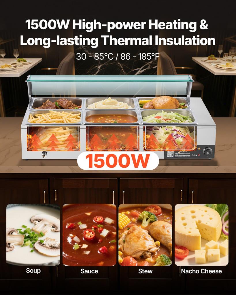 VEVOR Commercial Food Warmer, 1500W Electric Stainless Steel Steam Food Warmer with Glass Cover