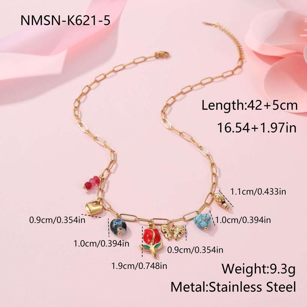 GEMCHIC Women's Fashion Flower Stainless Steel Pendant Necklace with Natural Stone Beads
