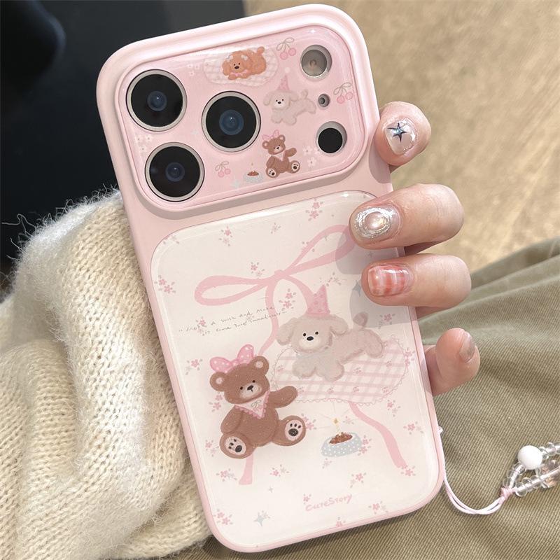 Розовый Цветочный Чехол для iPhone 14/15/16 Pro Max с Собакой и Медведем
