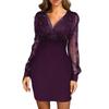 Women Evening Dress V Neck See-through Mesh Patchwork Long Sleeve Shiny Slim Fit Tight Waist Sheath Solid Color Party Prom Mini Dress