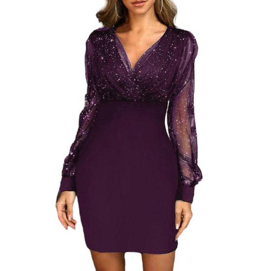 Women Evening Dress V Neck See-through Mesh Patchwork Long Sleeve Shiny Slim Fit Tight Waist Sheath Solid Color Party Prom Mini Dress