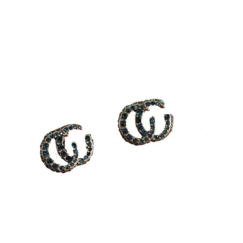 Серьги-гвоздики Gu Jia Double G с синими стразами - Винтажный дизайн из латуни с серебряной иглой