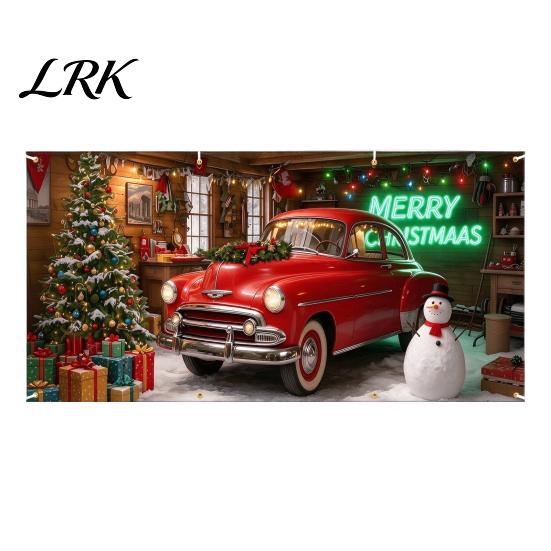 Large Format Door Display Christmas Garage Cover, Winter Holiday Hanging Banner Backdrop, Tree Backdrop Santa Claus Snowman Truck Photography