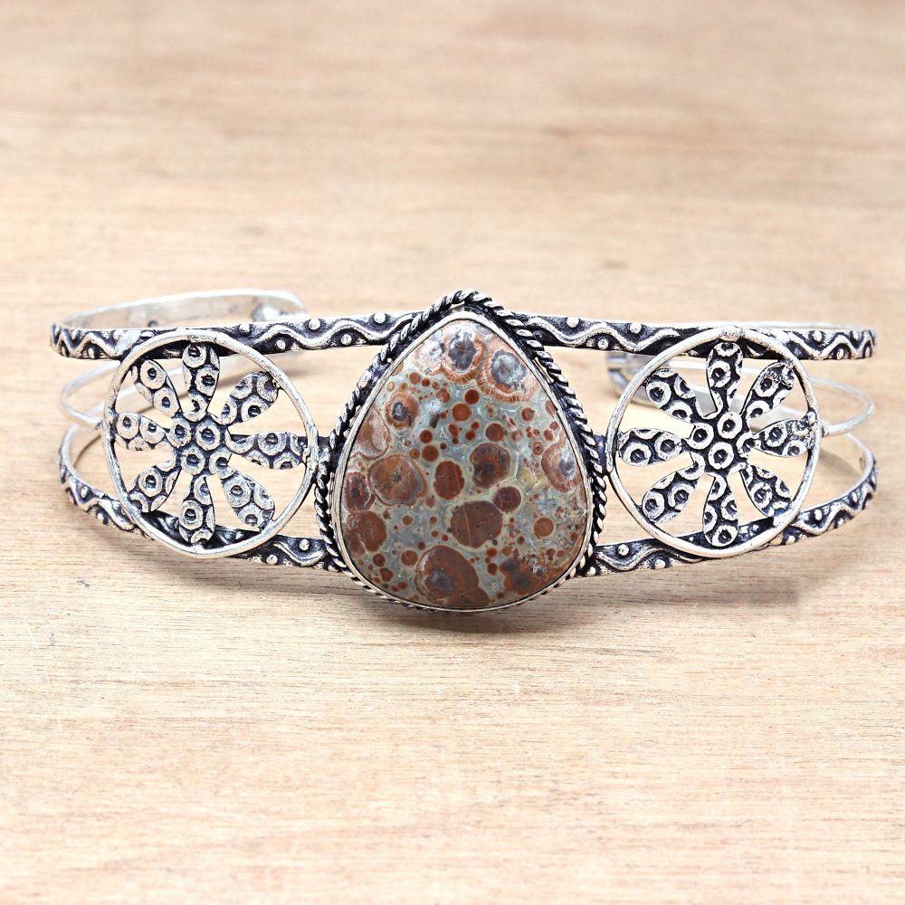 Leopard Skin Jasper Gemstone Jewelry Cuff Bracelets 7''Adjustable