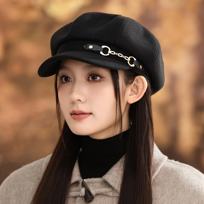 Autumn and Winter Hats Women's Solid Color Versatile Octagonal Hats Temperament Show Face Small Beret Big Head Circumference Painter Hat