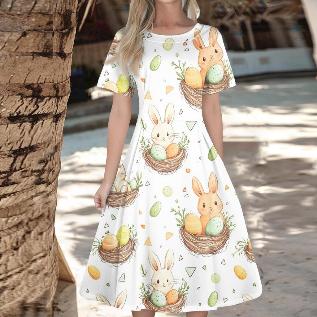 Женское повседневное модное платье с пасхальным принтом, круглое платье с коротким рукавом и талией, средней длины (с молнией)