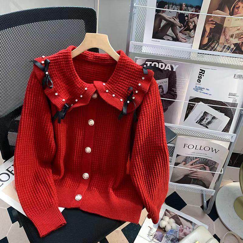 Doll Neck Sweater Cardiagn Women 2023 Winter Bow Slim Long Sleeve Casual Short Red Ruffled Cardigan Knitted Sweater Female Top