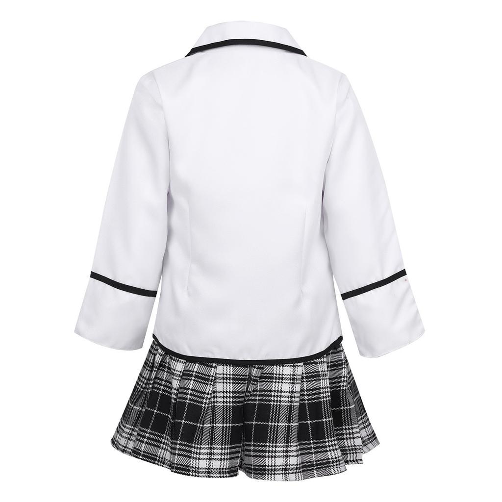 Girls School Uniform Kids British Style Japanese Anime Outfit Long Sleeve Coat with Shirt Tie Mini Skirt 4PCS Set