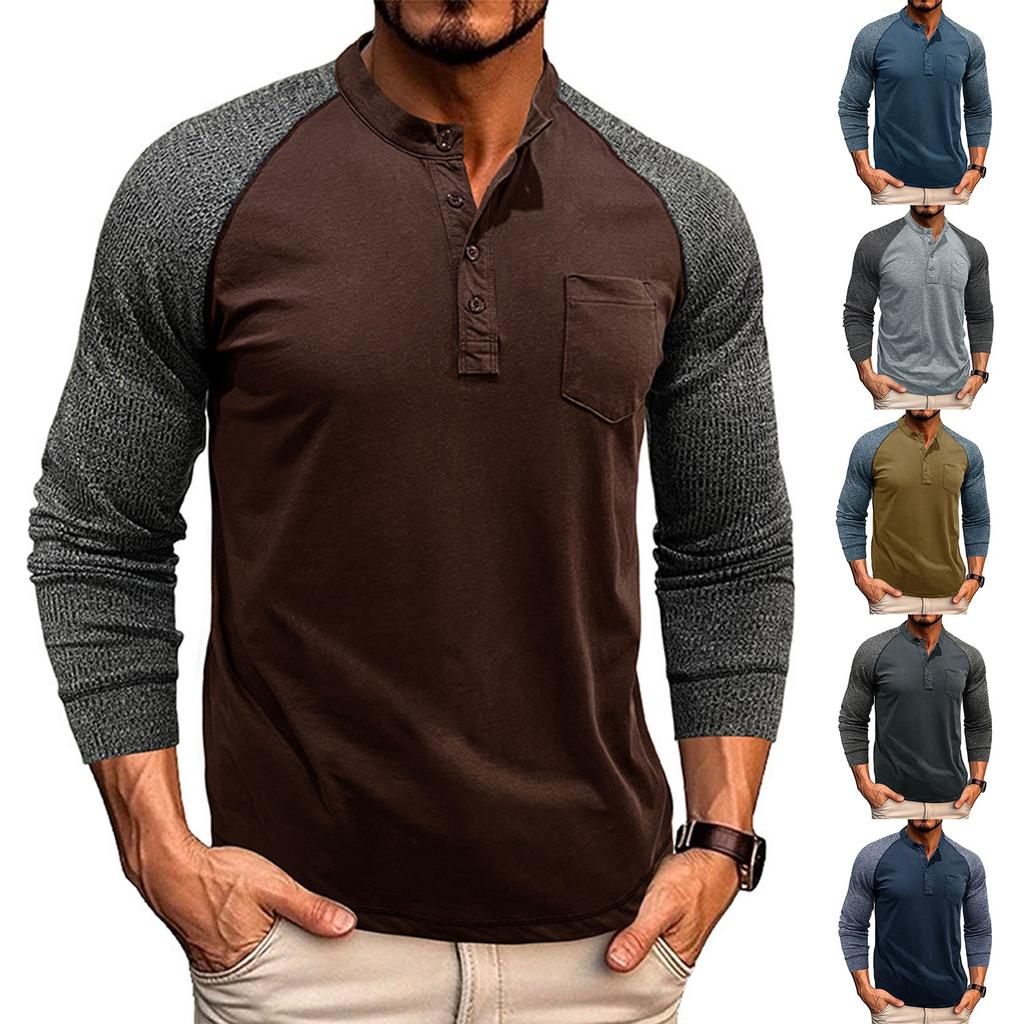 Men's Winter Button Collar Contrast Long Sleeve T-Shirt Men's Pocket Long Sleeve Top