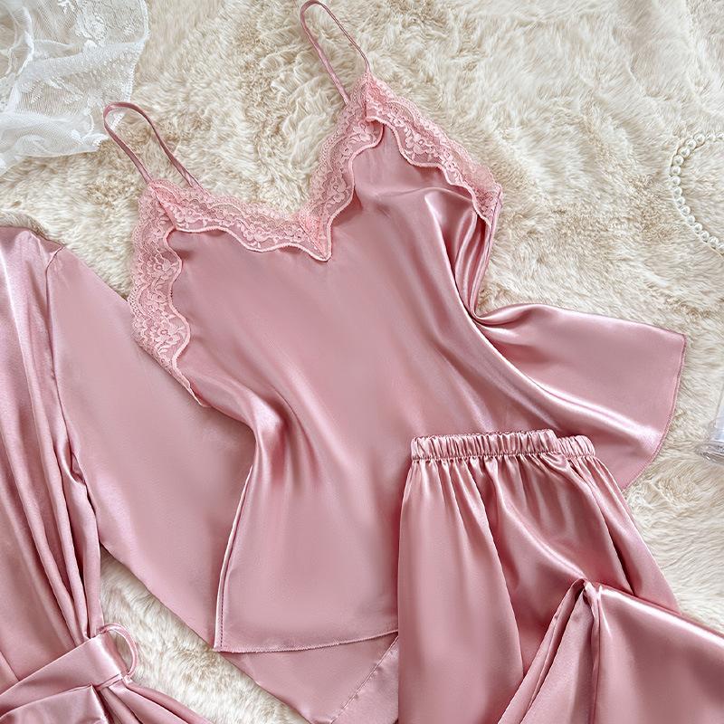 Комплект из трех предметов, Осенне-зимний халат из искусственного шелка, Сексуальная пижама-майка из ледяного шелка, Пижамные брюки, Женская домашняя одежда