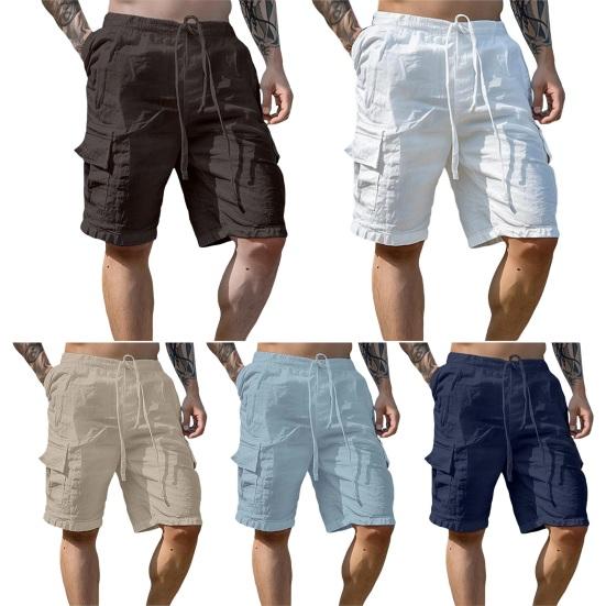 Мужские летние шорты с эластичной резинкой на талии длиной до колена, свободные, однотонные, с несколькими карманами, прямые, повседневные, пляжные шорты