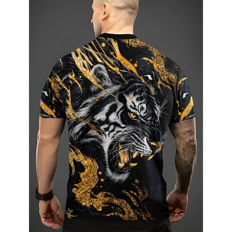 Men's Gold Tiger 3D Printed T-Shirt Casual Short Sleeve Crewneck Top Cool Roaring Wild Animal Graphic Tee Luxury Black Golden Splatter Streetwear