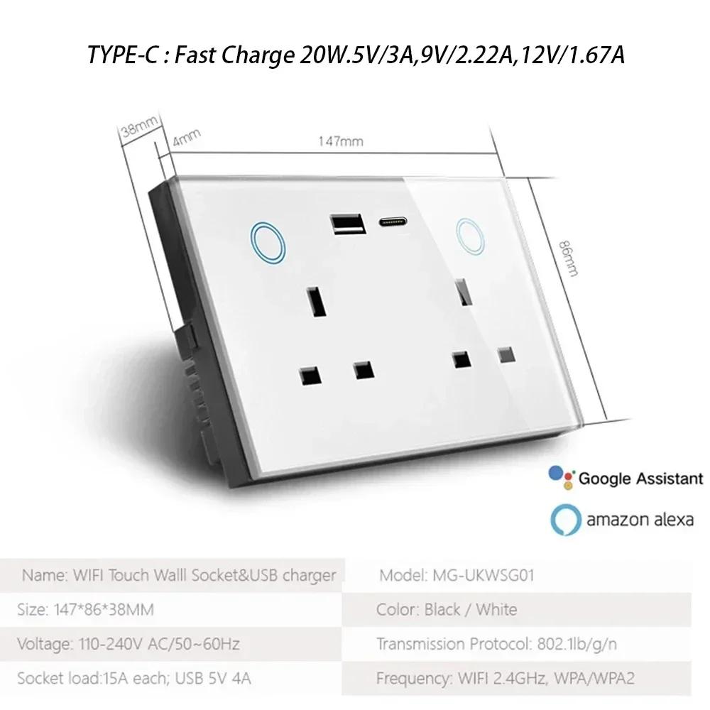 Melery Smart Tuya WiFi Dual UK Socket USB Type-C PD 20 Вт Сенсорное управление,Голосовое управлениеМониторинг электроэнергии, Alexa Google Home