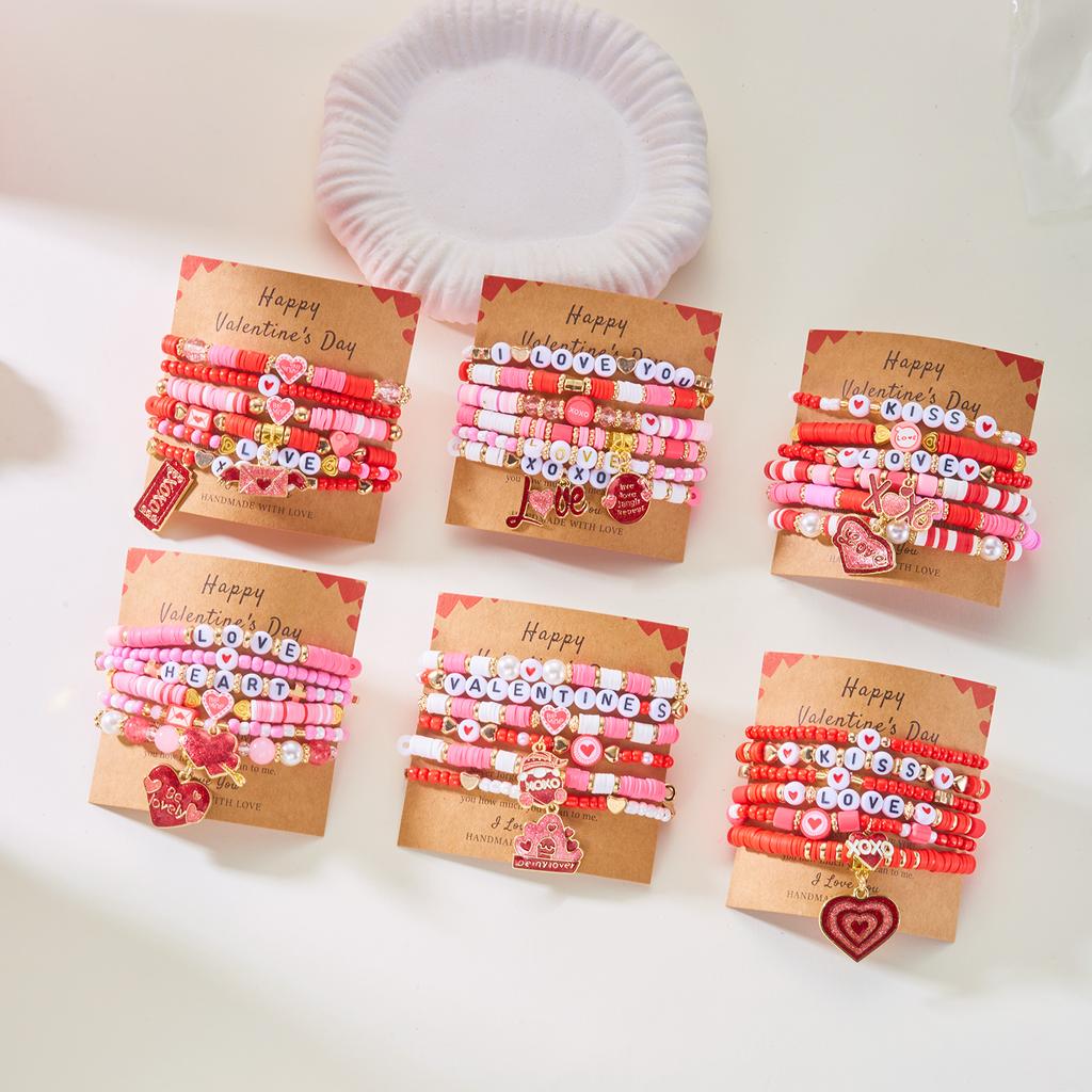 Fashion 6pcs/set Y2K Pink Beads Polymer Clay Bracelets Set for Women Girls LOVE Heart Pendant Gifts for Lovers Jewelry