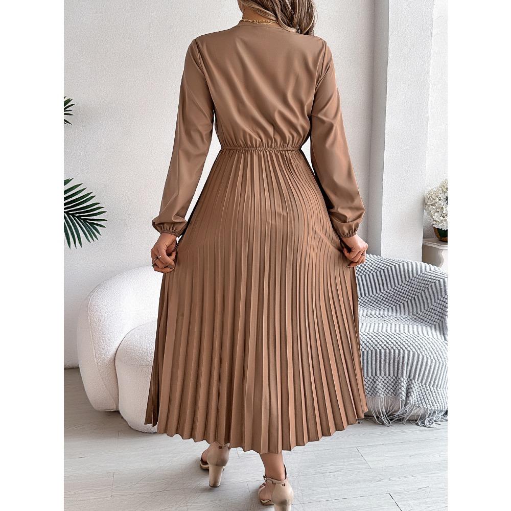 Spring and Summer Elegant Temperament V-neck Lace Waisted Pleated Long Women's Dresses Long Skirts