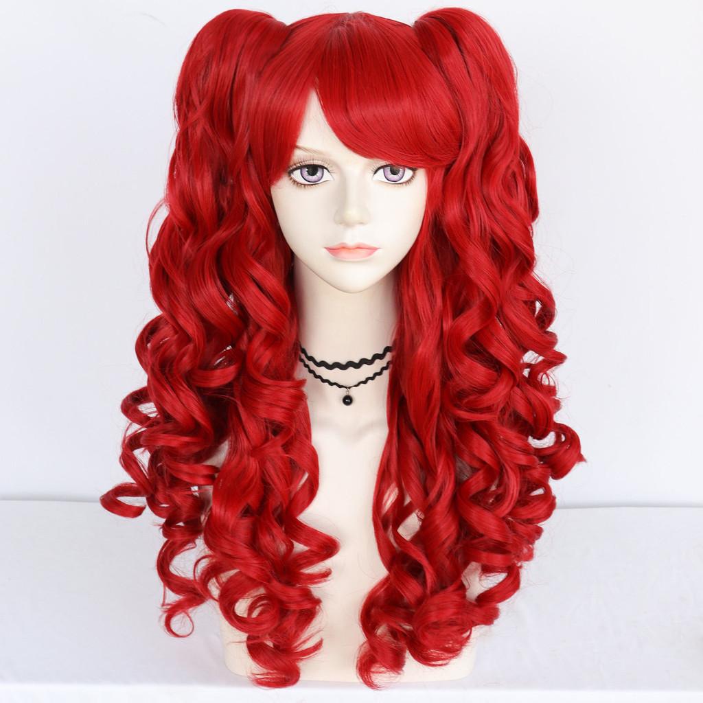 Lolita Cosplay Wig With Double Tiger Clips Red Long Curly Synthetic Hair For Anime Costumes