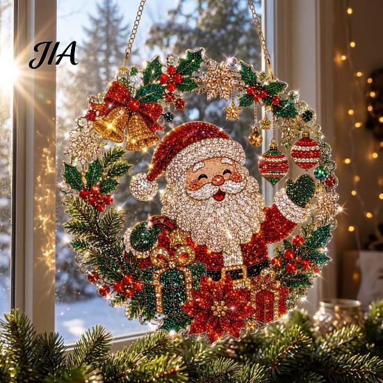 Decorative Acrylic Craft Christmas Faux Diamond Art Suncatcher, 2D Flat Window Hanging Ornament, Seasonal Home Accents Beaded Pattern Holiday