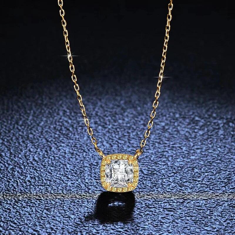 Real Moissanite Square Pendant Necklace D Color 1ct Emerald Cut Pure S925 Sterling Silver 18K Gold for Women Fine Jewelry