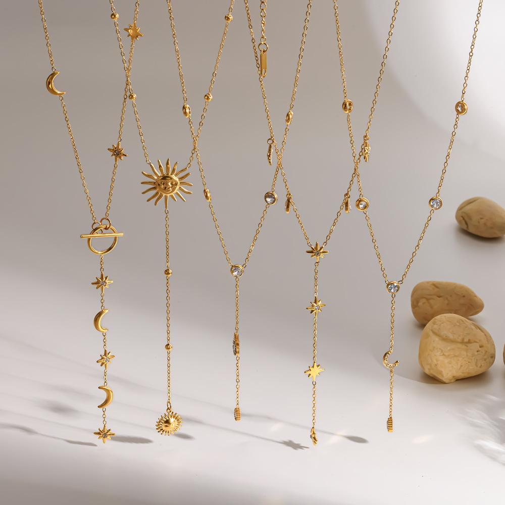 Cross-border Minority Design Diamond-encrusted Stainless Steel Women's Necklace Star Moon Bamboo Long Sweater Chain 18k