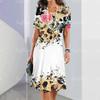 Women's Fashion Dress Round Neck Short Sleeve Elegant Knee Length Dress Flower Print Dress Summer Casual PartyFit Dress