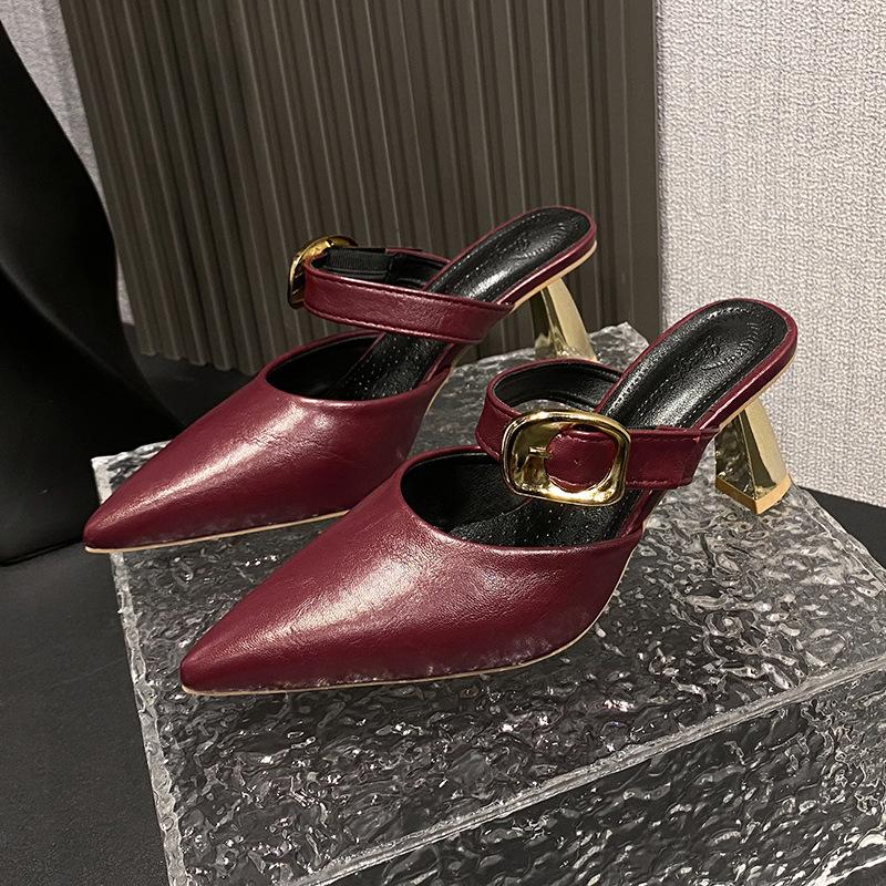 Туфли-шлепанцы на тонком каблуке, босоножки с острым носком, сексуальный высокий каблук, 2025, женственность, весна и лето, сумка-голова, новые полушлепанцы