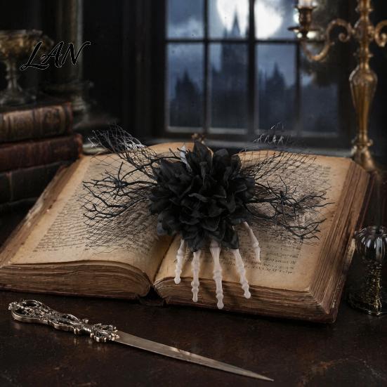 Spooky Hair Accessories Gothic Skeleton Hand Flowers Clip with Black Mesh, Halloween Themed Skull Bone Claw Hairpin for Girls,Women, Party Costume