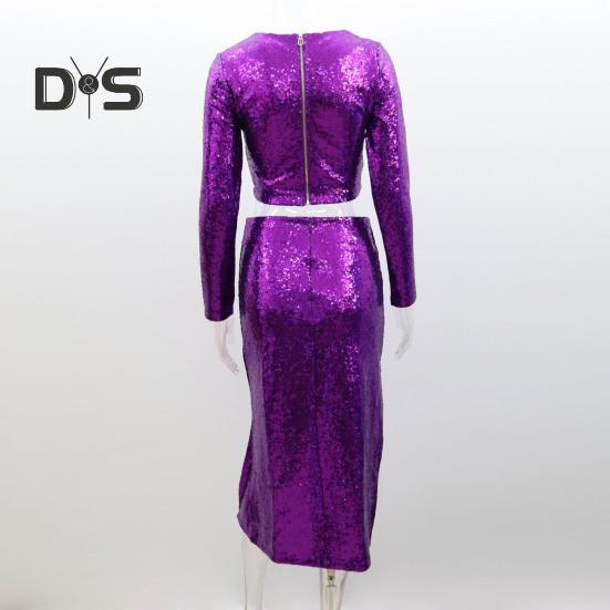2 Pcs/Set Women Top Skirt Suit Shiny Sequin Long Sleeve O Neck Short Waist Exposed Top High Waist Split Slim Fit Club Party Midi Skirt Set
