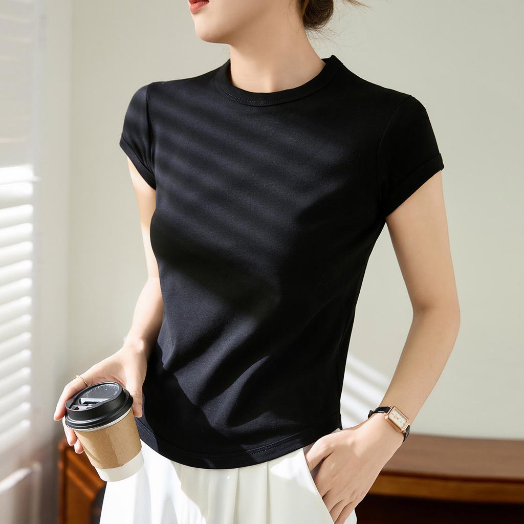 Pure Cotton High-end Short-sleeved T-shirt for Women's Summer New Curved Slim Body Top Shirt
