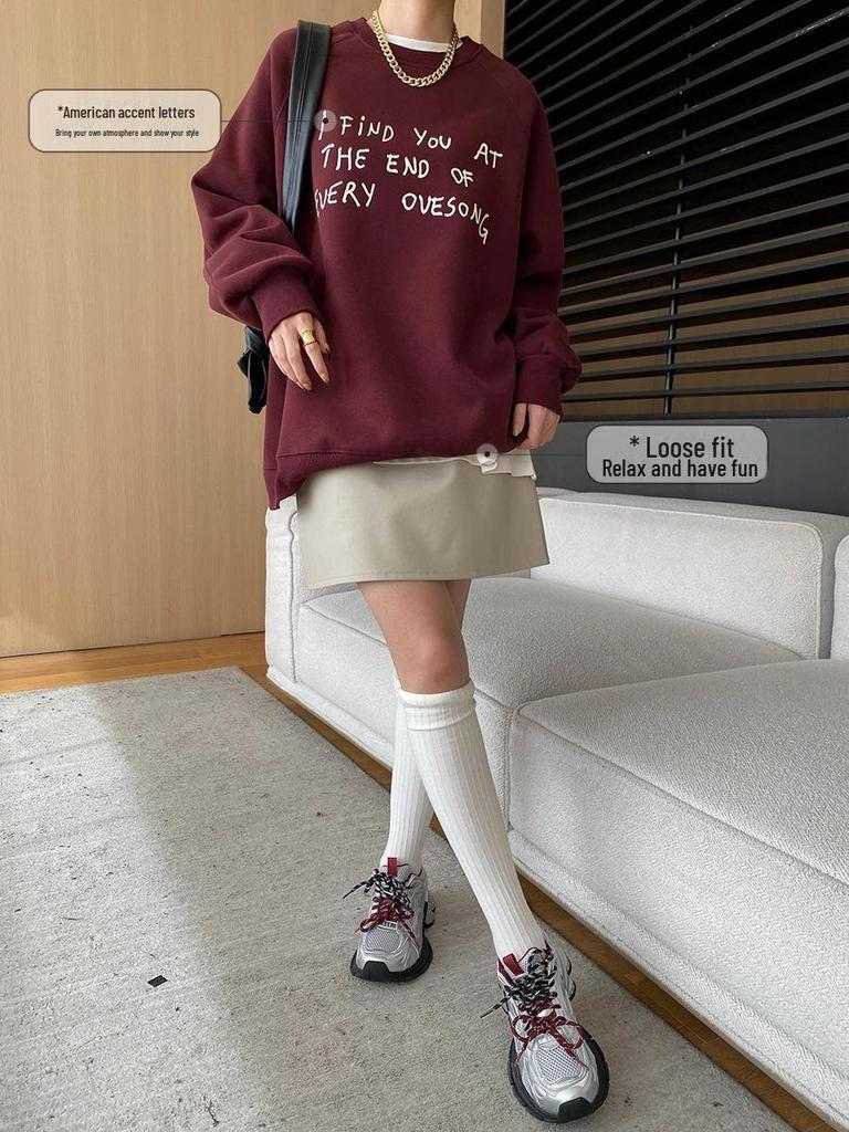 Синан Свободный стиль блогера Американский акцент Рукав реглан Боковая молния Повседневный Плюс Бархатный свитер SN6837